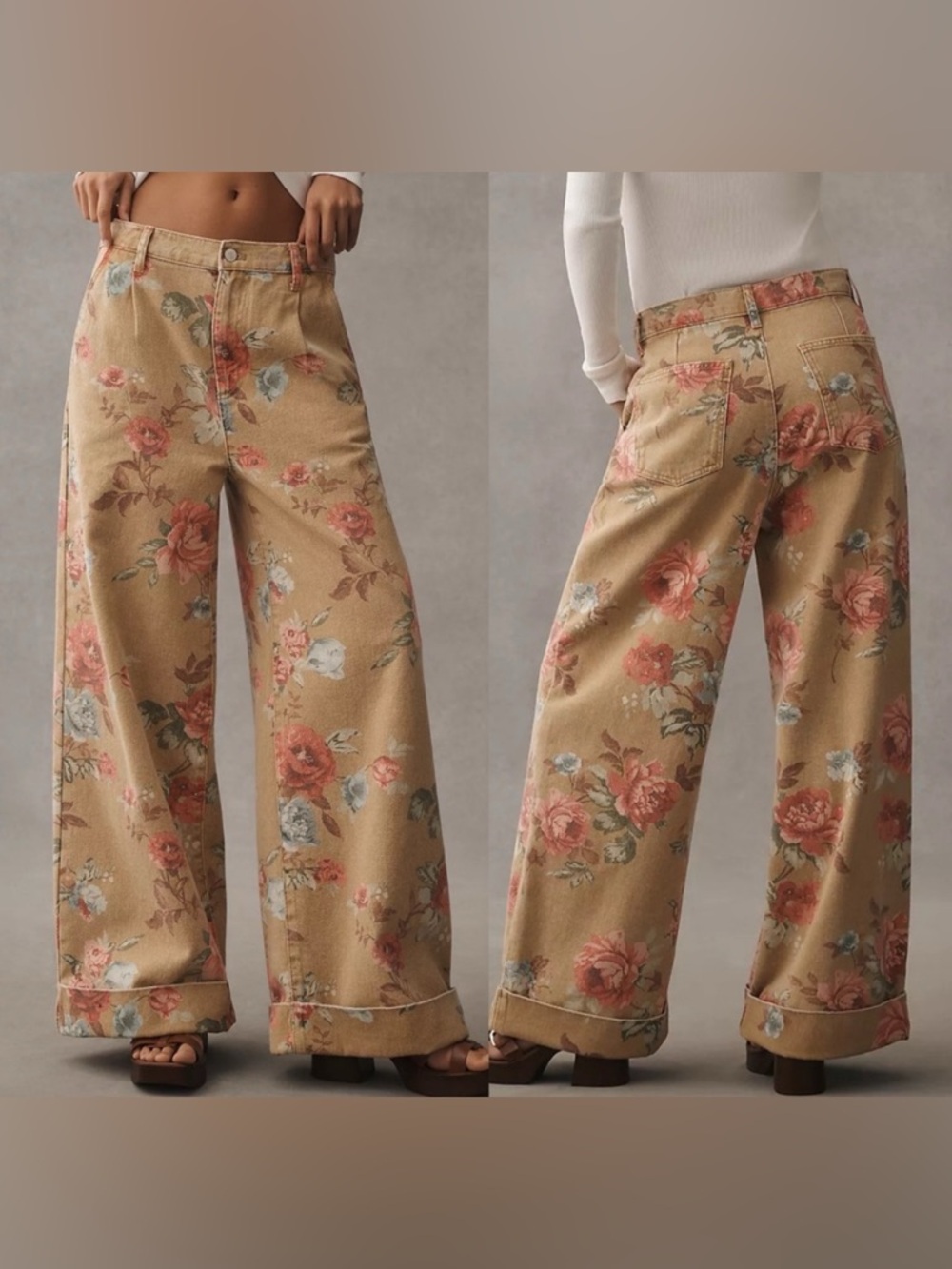 Pilcro Leon double hem wide leg floral cuffed jeans